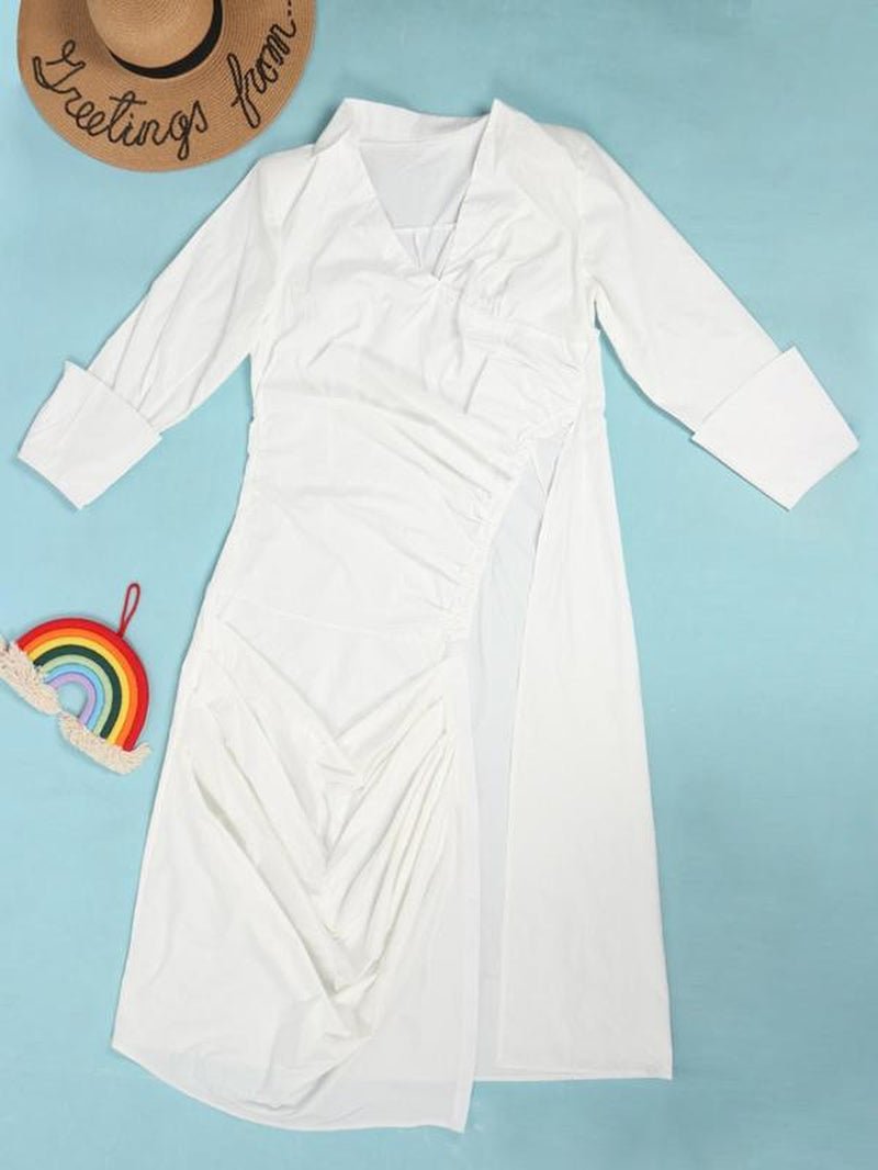 Women'S Plain Ruched Split Hem V Neck Long Blouse, Fashion Casual Asymmetrical Hem Long Sleeve Collared Top for Daily Outdoor Wear, Women Clothing for Fall & Winter, Going Out Tops, Fall Clothing Women, Blouse for Women, Fashion Blouse - Bela Fils BoutiqueBela Fils Boutique